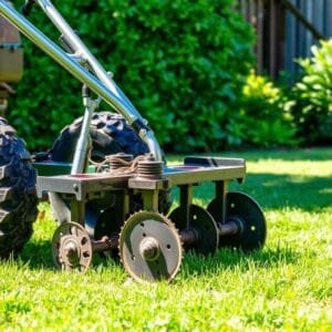 Mechanical lawn aerator working across established grass